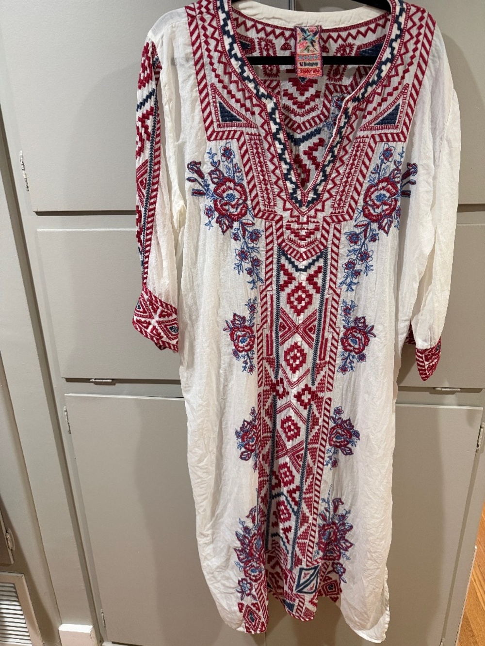 Johnny Was Workshop Embroidered Kaftan Dress White Boho Tunic Large